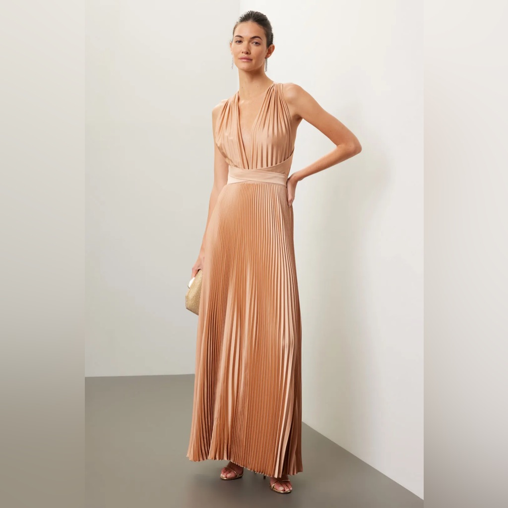 L’idee Modernista Gold Champagne Pleated Halter Gown Maxi Dress Size 12 Large